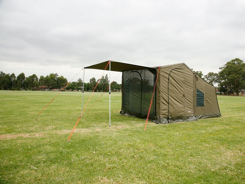 Oztent Front Panel, shown with outer layer used as additional awning (extra Poles, Pegs and Guys needed).