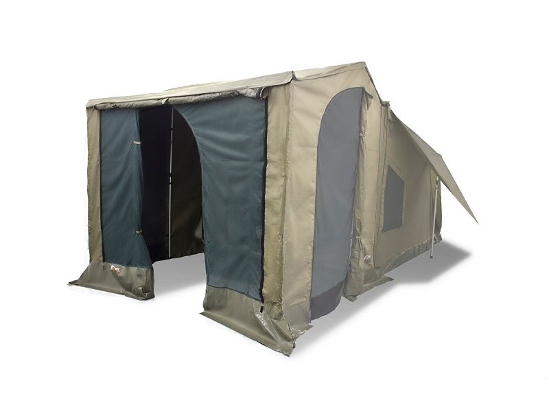 Oztent Front Panel, fitted to Oztent along with separate accessory; Oztent Peaked Side Panels. Front Panel shown with outer layer rolled away . Inner mesh showing with the door open. Side doors in the Peaked Side Panels also rolled back to display the side mesh doors.