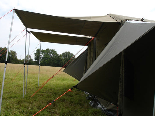 Oztent Side Awning in use on two connected Oztent RV tents with Peaked Side Panels and Fly Sheets.