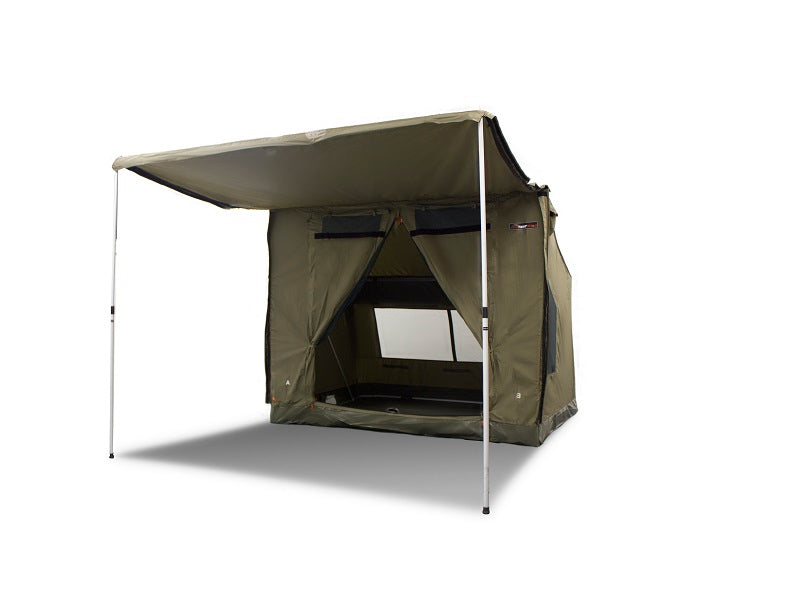 Oztent RV3; perfect for small family/group camping. Front view with Awning out.