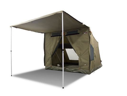 Oztent RV4, perfect family/group tent. Front view with Iconic awning out.