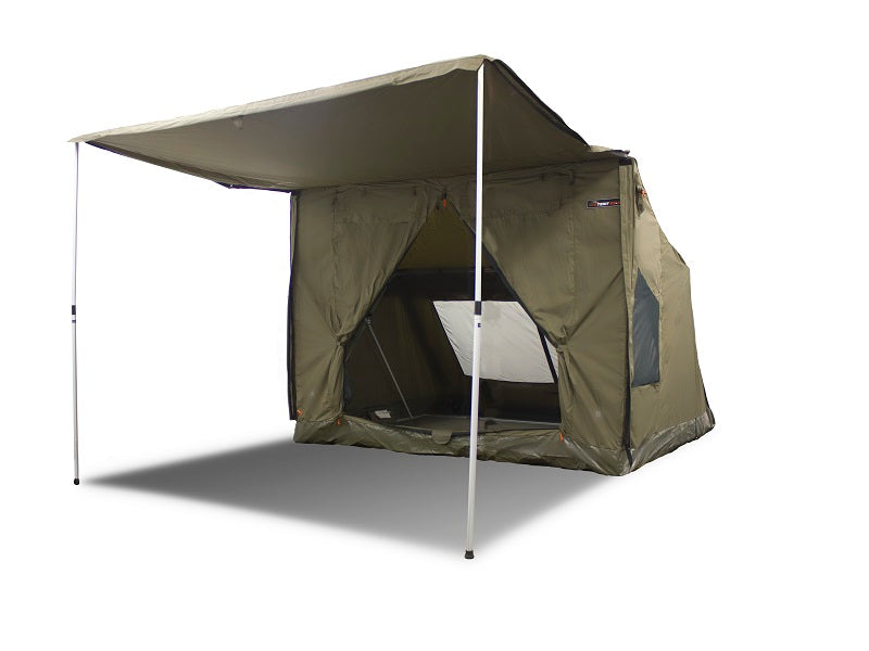 Oztent RV5 perfect for family camping. Front view with iconic awning out.