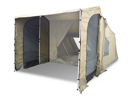 Oztent Peaked Side panels in use with side doors rolled back.