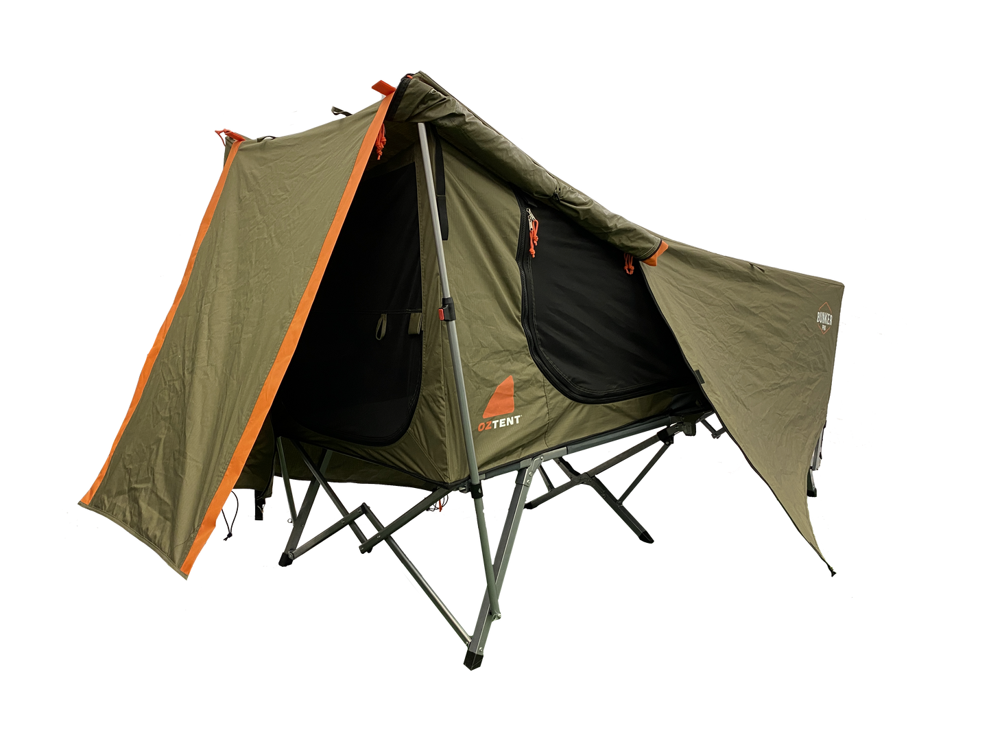 Oztent Bunker Pro with Outside cover partly opened.