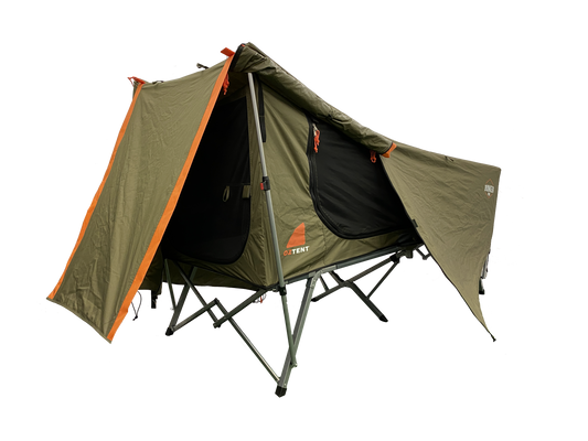 Oztent Bunker Pro with Outside cover partly opened.