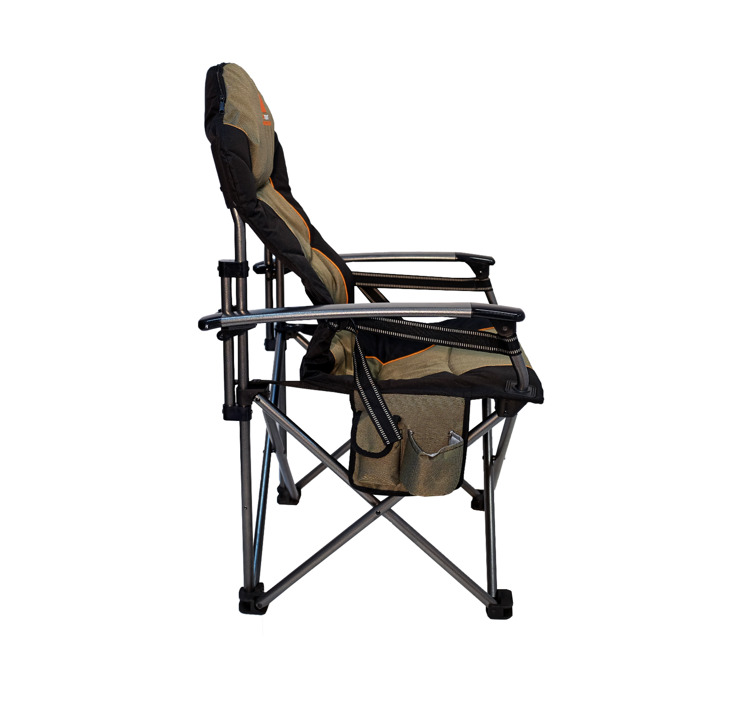 Oztent King Kokoda Chair; side view with can holders and pocket