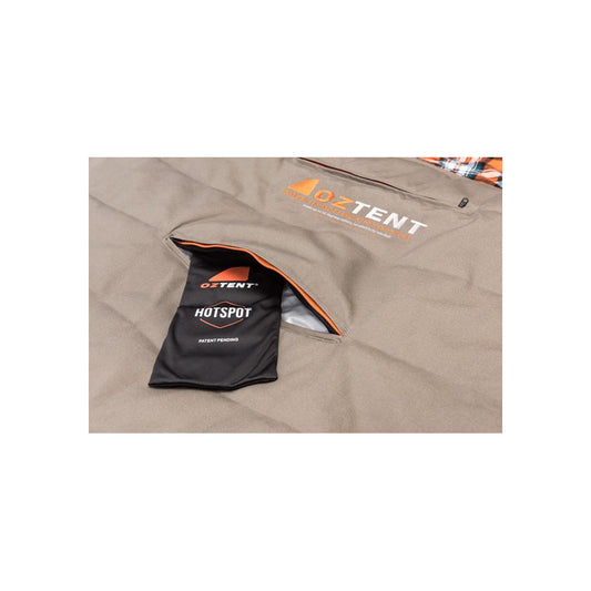 Oztent Redgum Sleeping Bag with hotspot heating pouch pocket
