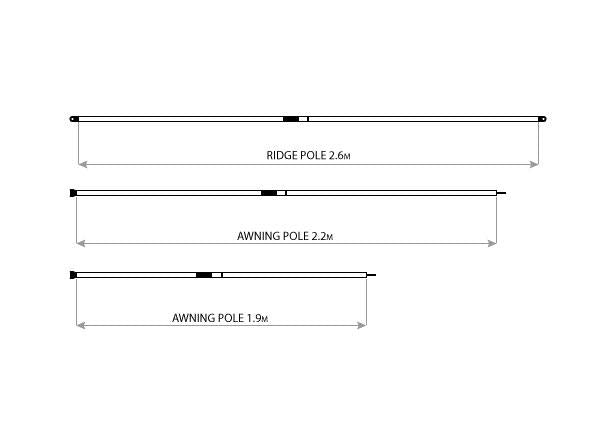 Oztent Upright Pole; lightweight and durable. Suitable for use with all Oztent tents and accessories. Image shows illustration of pole lengths.